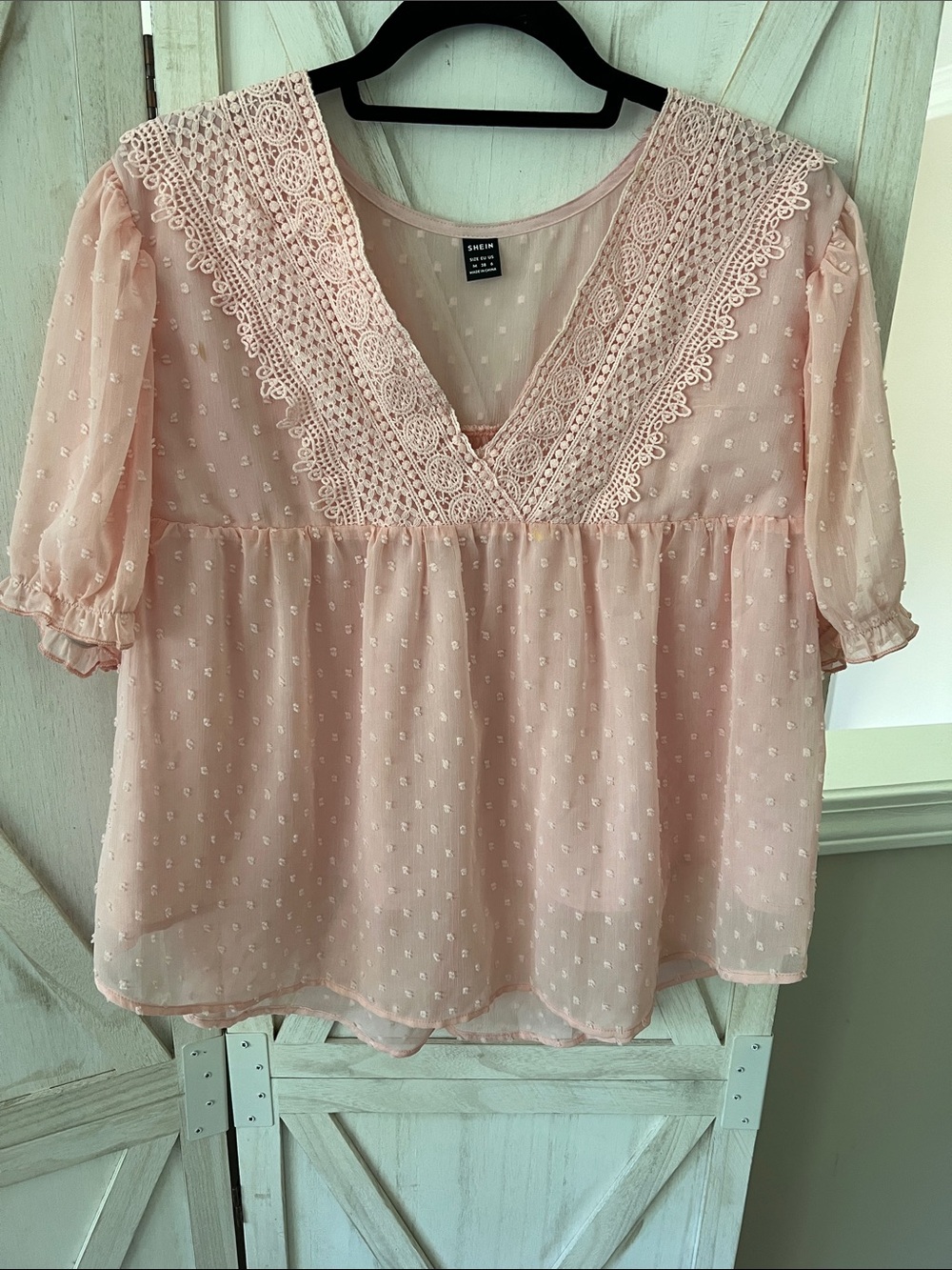 SHEIN Pink Lace-Trim Swiss Dot V-Neck Peasant Blouse